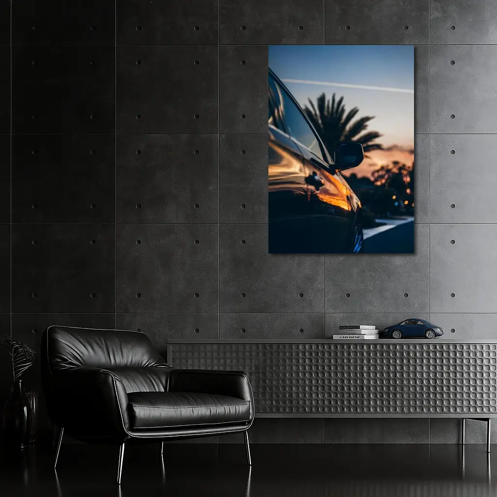 Black Car Side Mirror Sunset Palm Trees – Wall Art