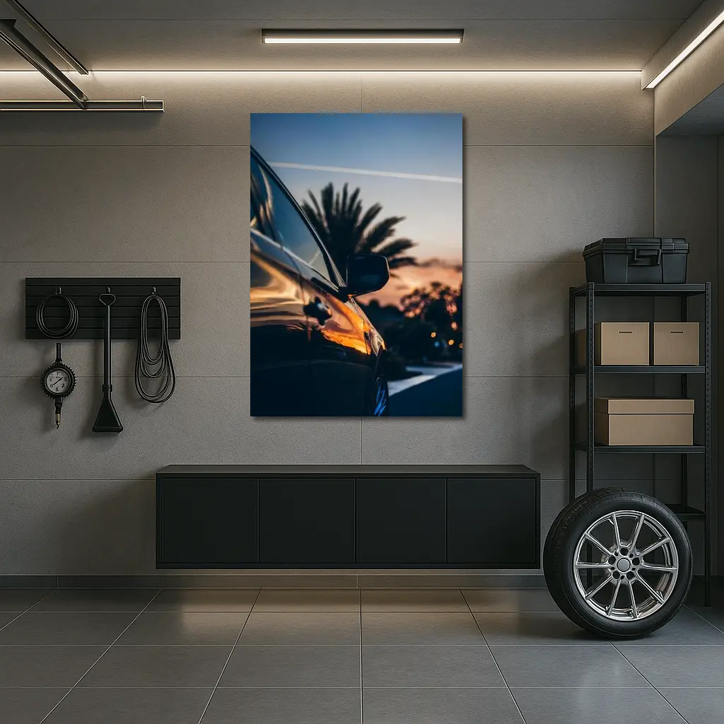 Black Car Side Mirror Sunset Palm Trees – Wall Art