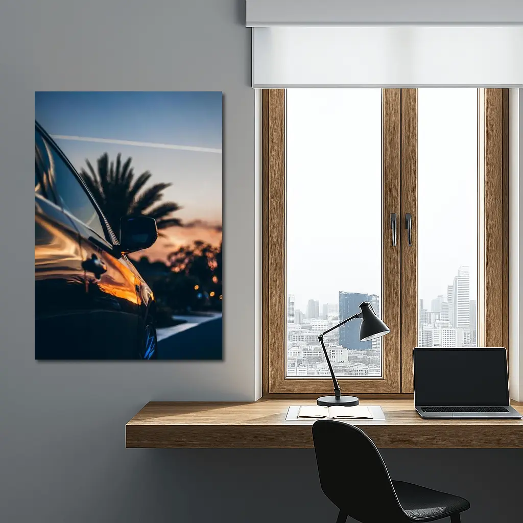 Black Car Side Mirror Sunset Palm Trees – Wall Art
