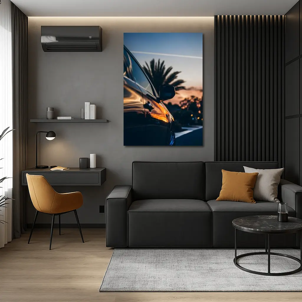Black Car Side Mirror Sunset Palm Trees – Wall Art