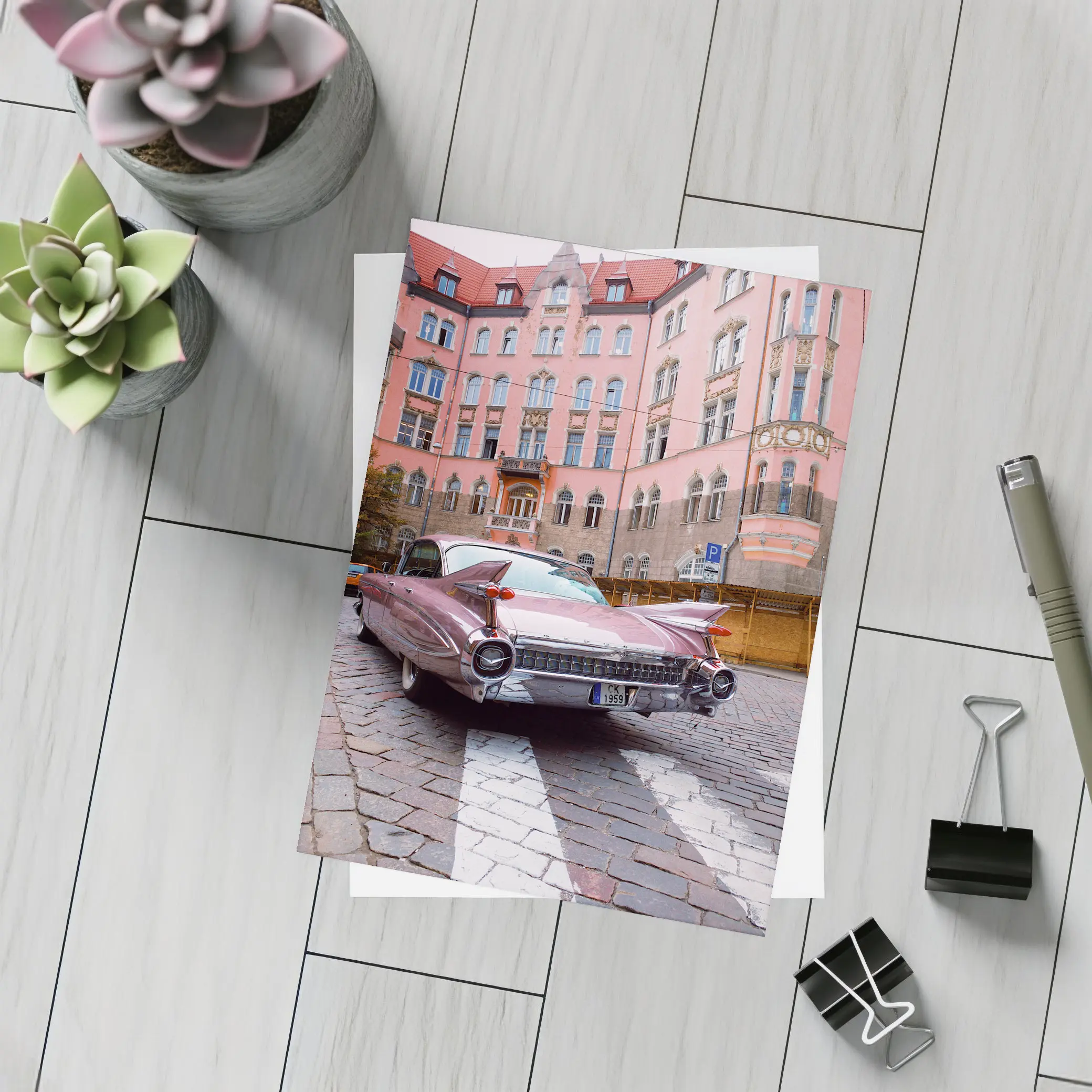 Classic Cadillac DeVille Pink European Street – Postcards