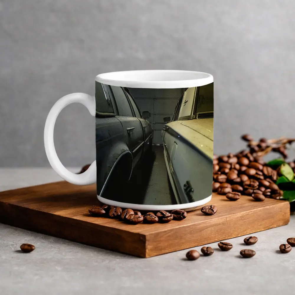 Two Classic Cars Parked Inside Dark Garage – Mugs
