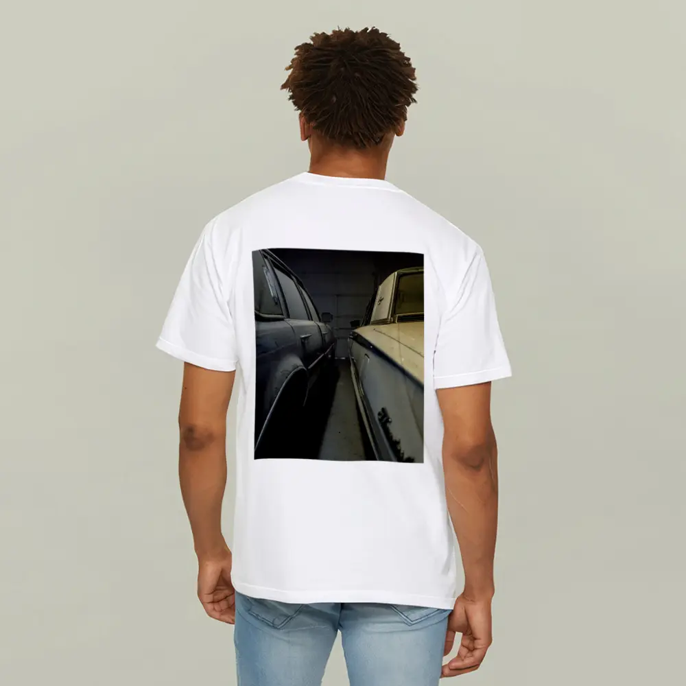 Two Classic Cars Parked Inside Dark Garage – T-Shirts