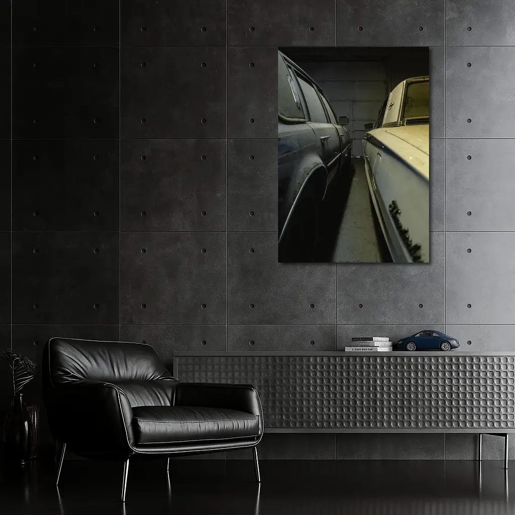 Two Classic Cars Parked Inside Dark Garage – Wall Art