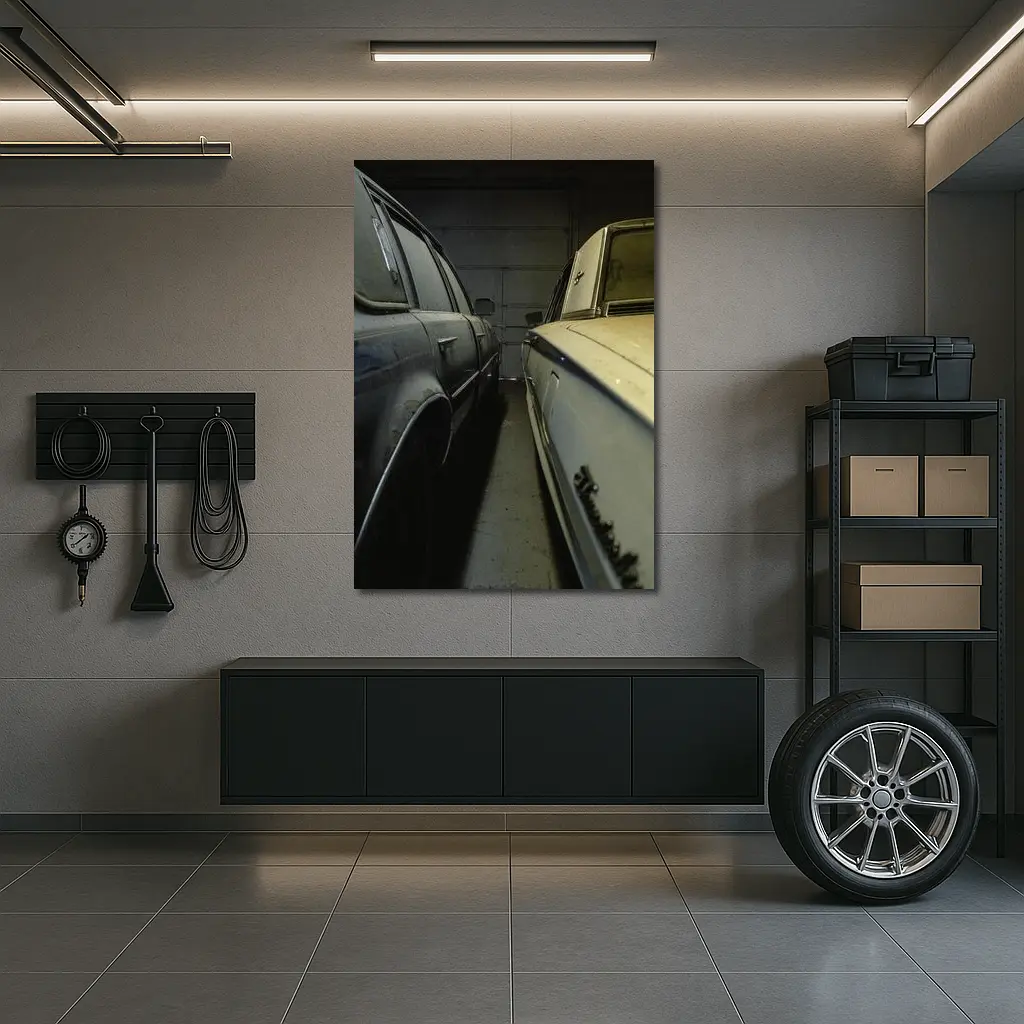 Two Classic Cars Parked Inside Dark Garage – Wall Art