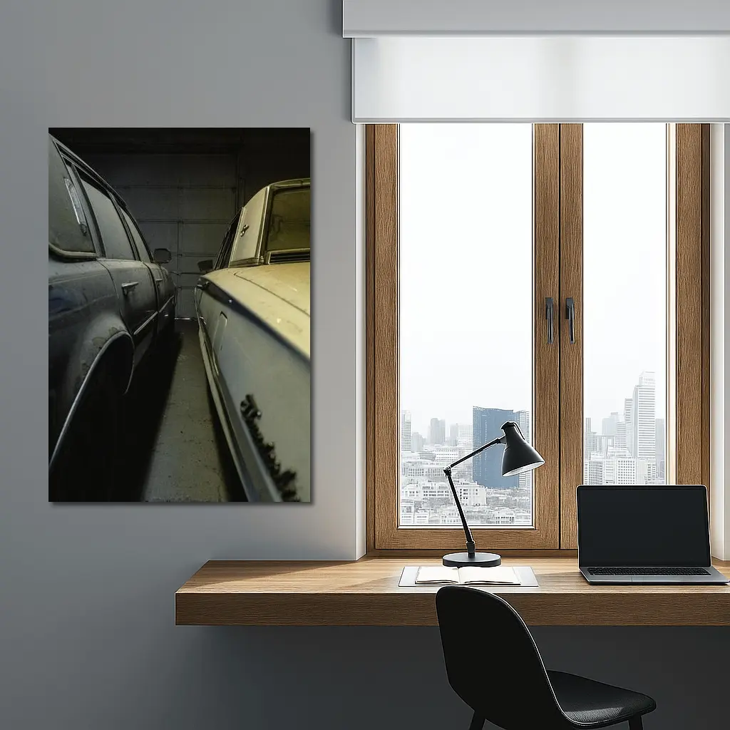 Two Classic Cars Parked Inside Dark Garage – Wall Art