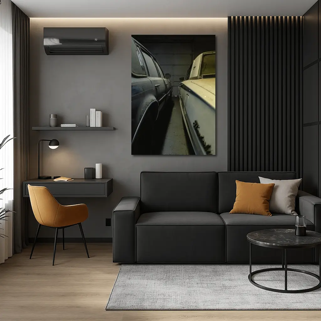 Two Classic Cars Parked Inside Dark Garage – Wall Art