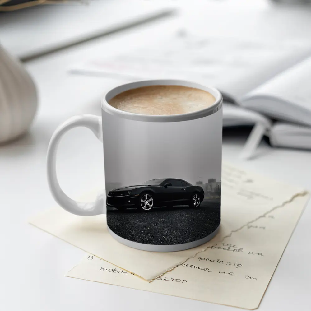 Black Chevrolet Camaro Foggy Urban Scene – Mugs