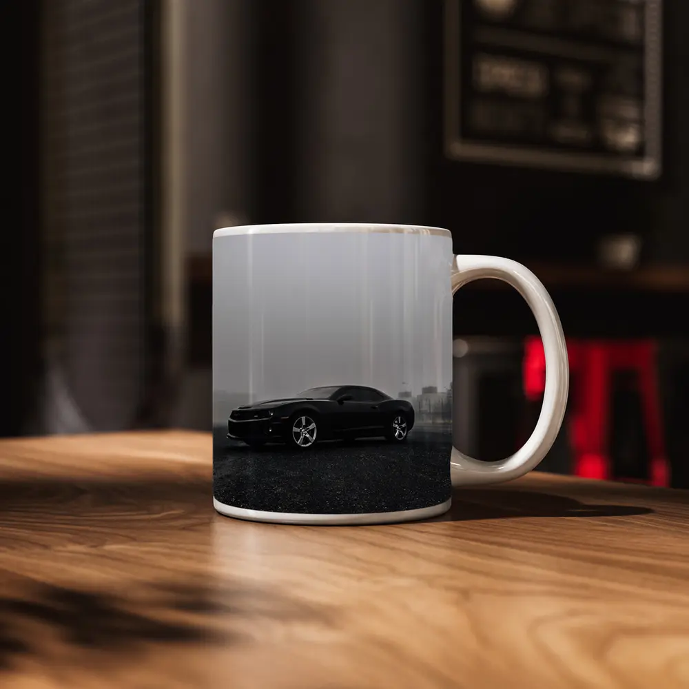 Black Chevrolet Camaro Foggy Urban Scene – Mugs