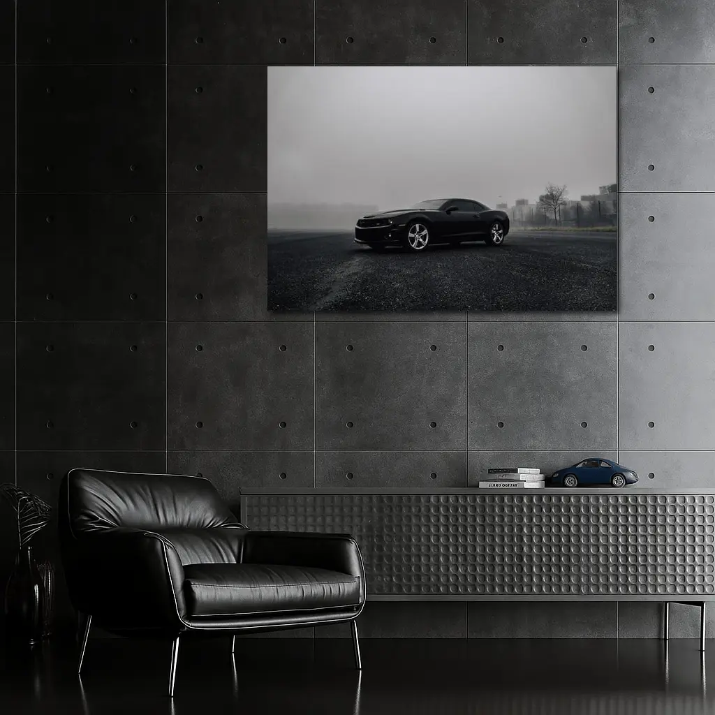 Black Chevrolet Camaro Foggy Urban Scene – Wall Art