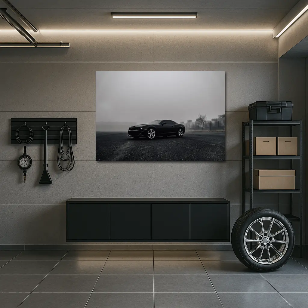 Black Chevrolet Camaro Foggy Urban Scene – Wall Art