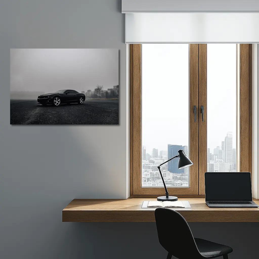 Black Chevrolet Camaro Foggy Urban Scene – Wall Art