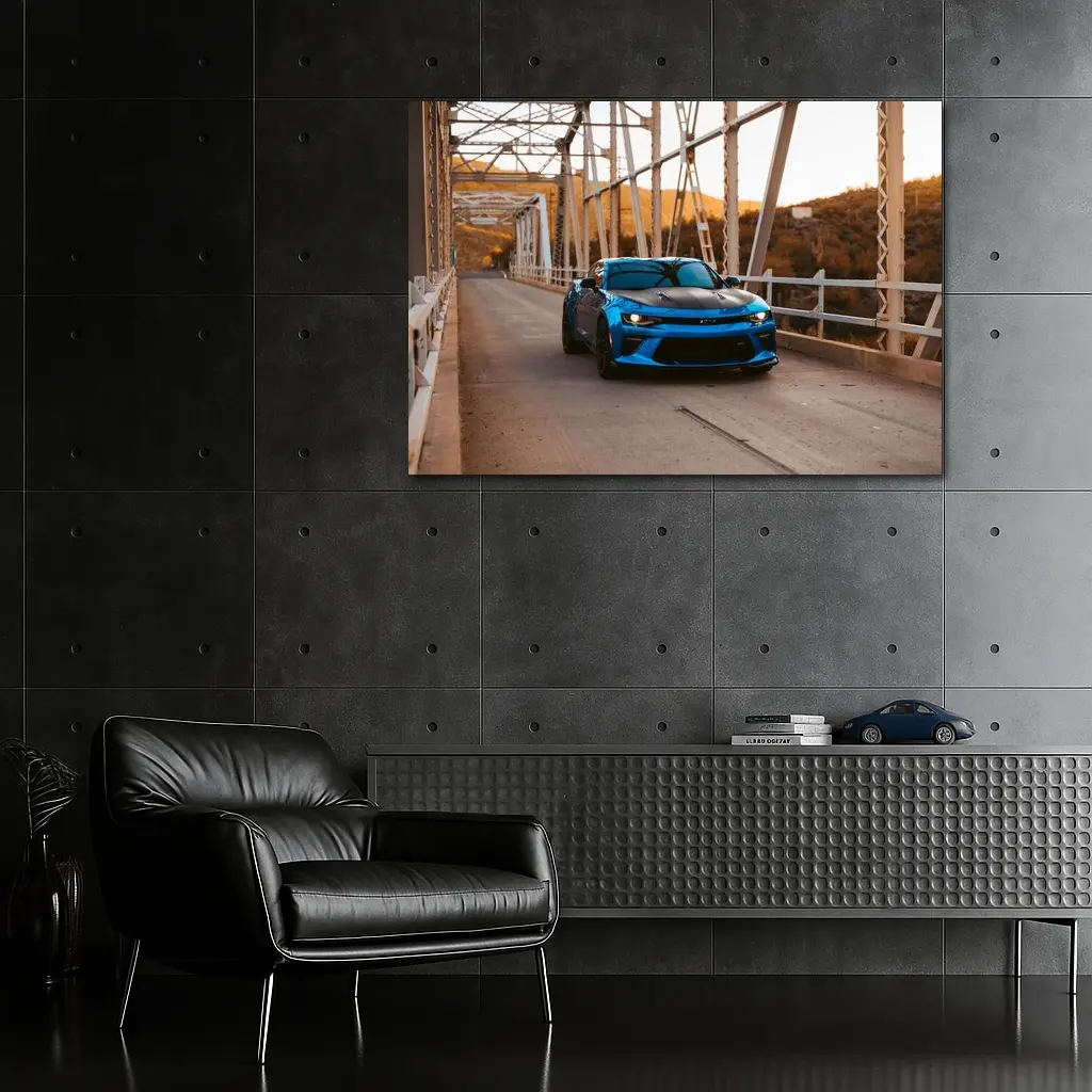Chevrolet Camaro Blue on Steel Bridge – Wall Art