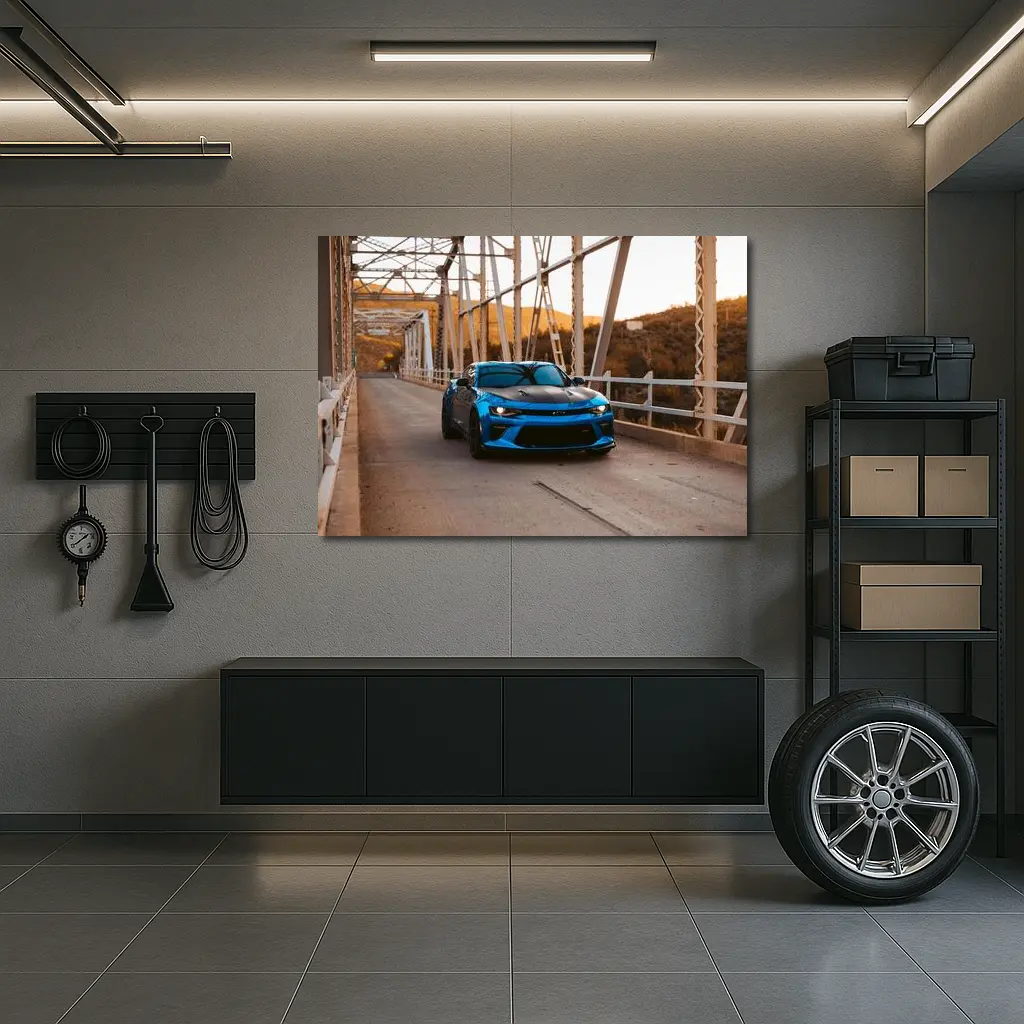 Chevrolet Camaro Blue on Steel Bridge – Wall Art