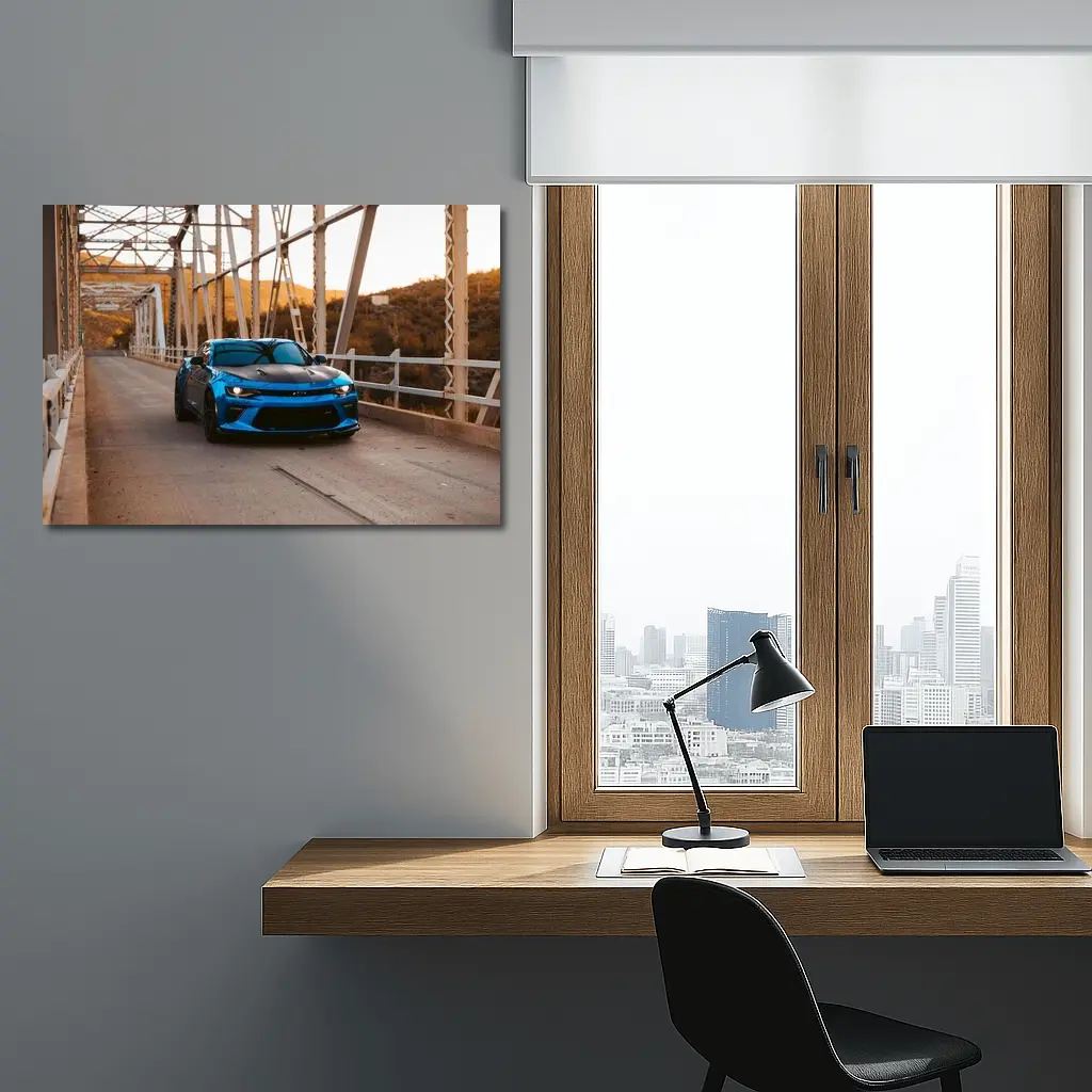 Chevrolet Camaro Blue on Steel Bridge – Wall Art