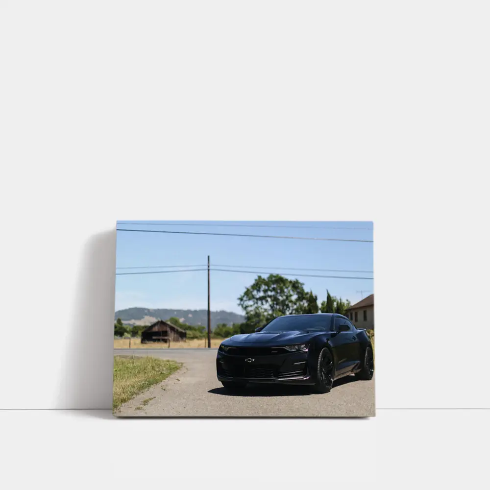 Black Chevrolet Camaro Parked On Rural Road – Wall Art
