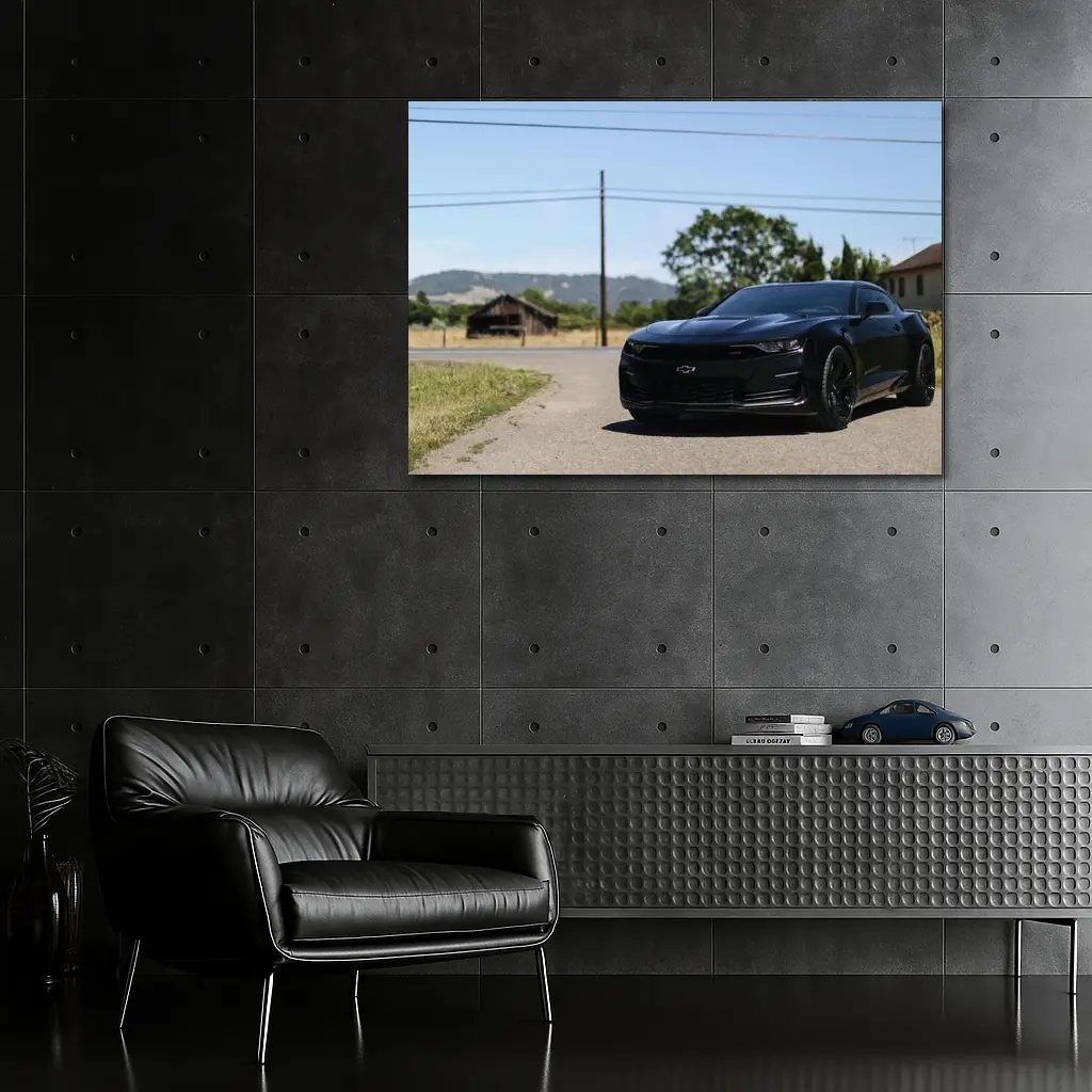 Black Chevrolet Camaro Parked On Rural Road – Wall Art