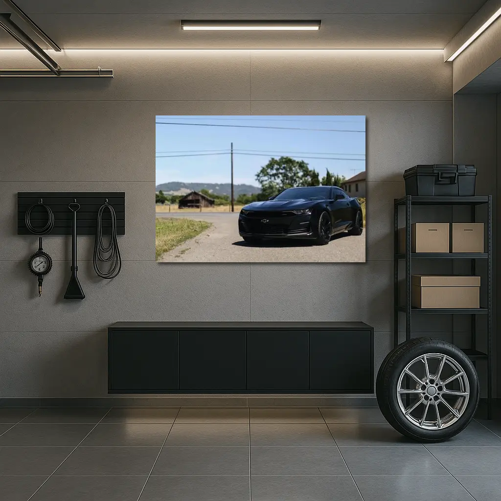 Black Chevrolet Camaro Parked On Rural Road – Wall Art