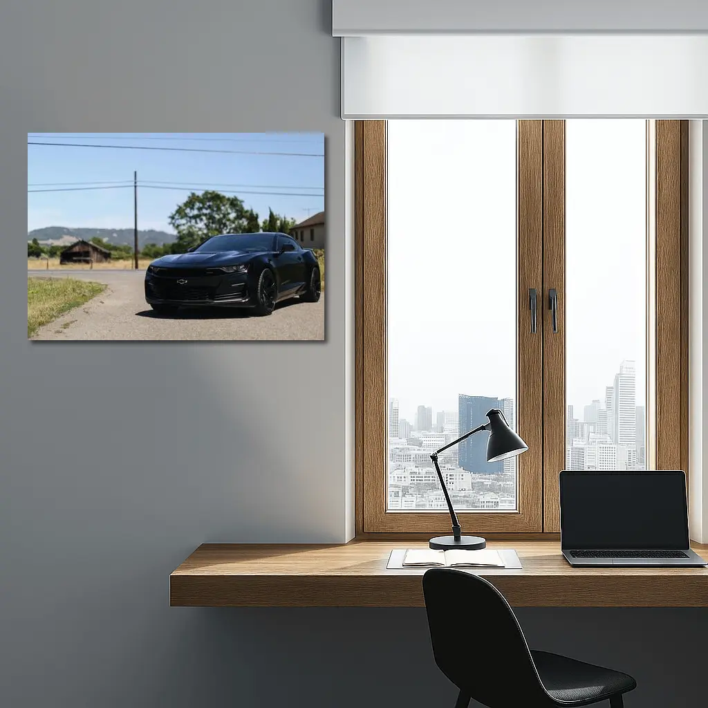 Black Chevrolet Camaro Parked On Rural Road – Wall Art