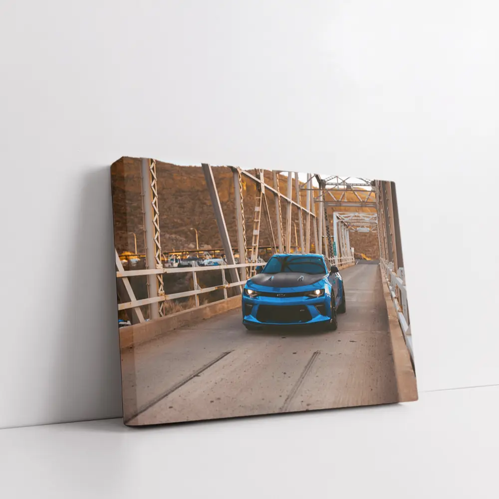 Blue Chevrolet Camaro on Steel Bridge – Wall Art