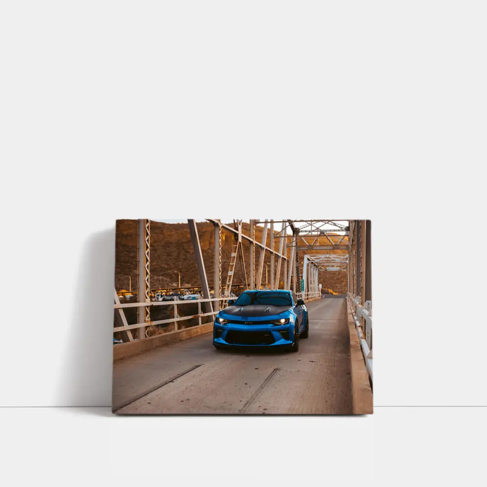 Blue Chevrolet Camaro on Steel Bridge – Wall Art