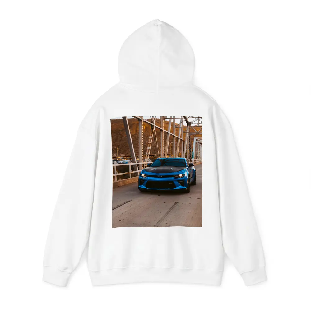 Blue Chevrolet Camaro on Steel Bridge – Hoodies
