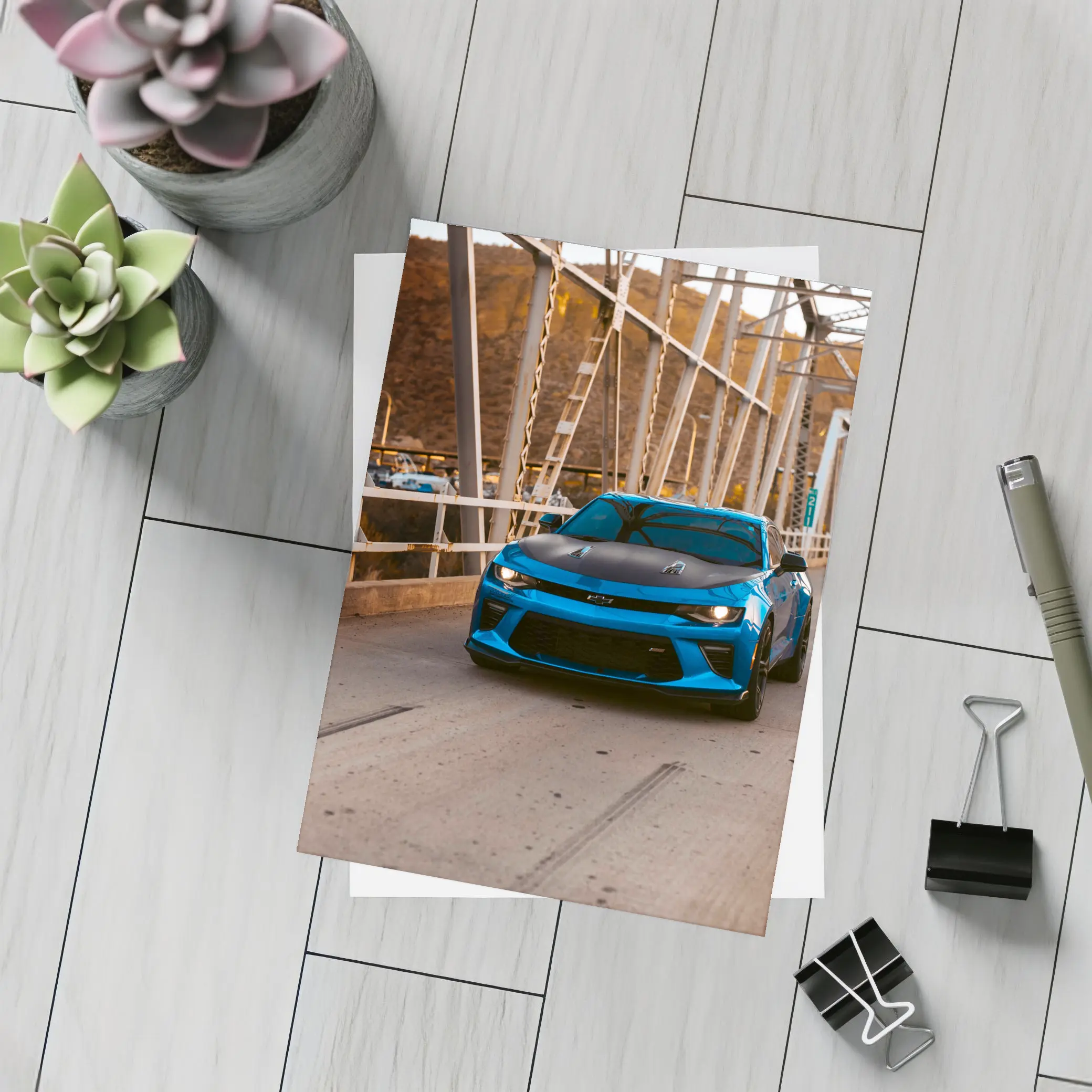 Blue Chevrolet Camaro on Steel Bridge – Postcards