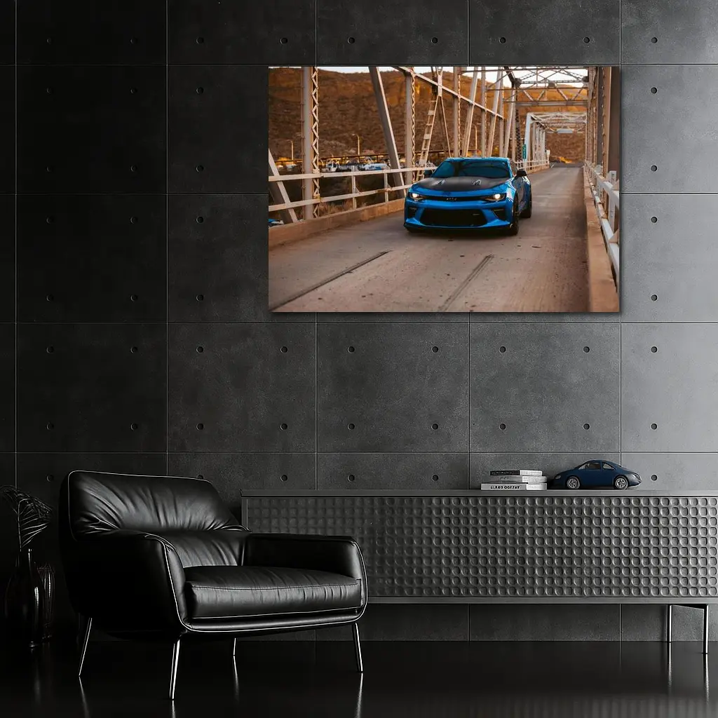 Blue Chevrolet Camaro on Steel Bridge – Wall Art