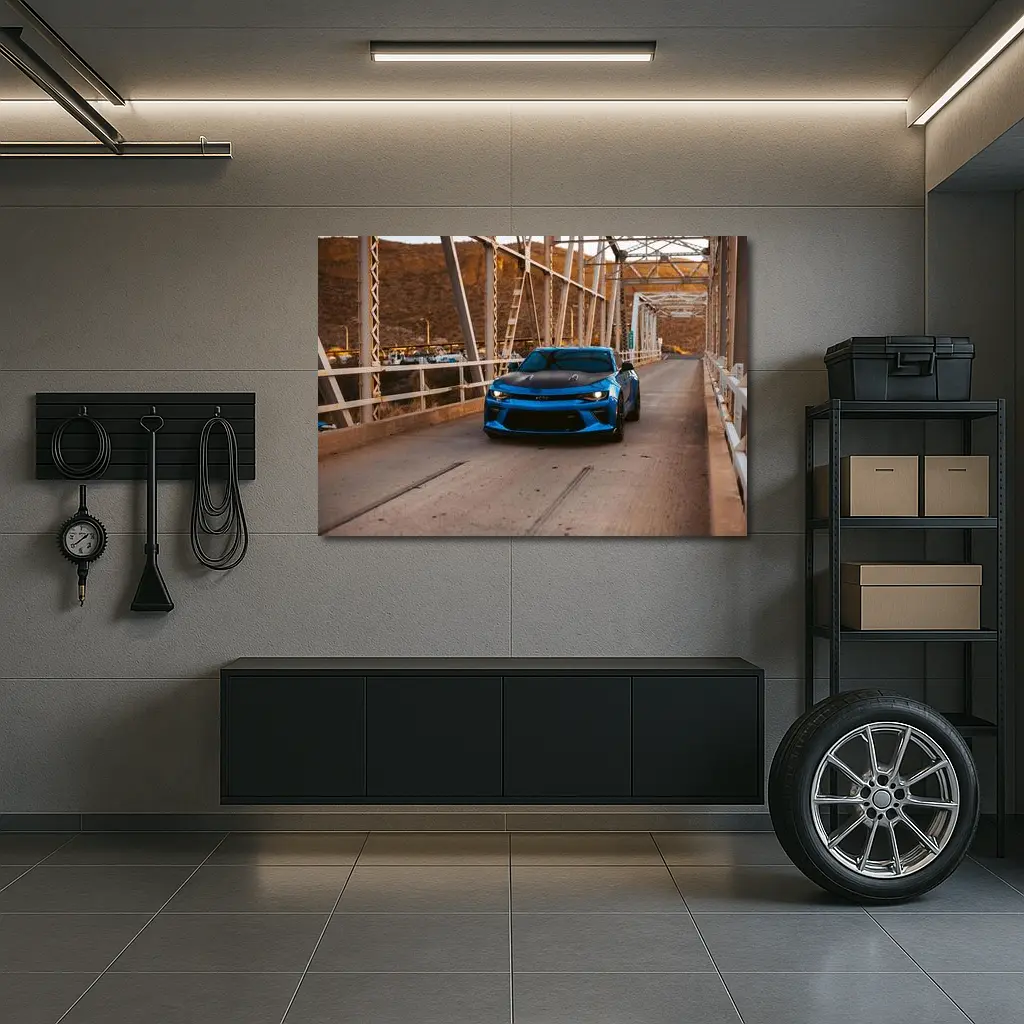 Blue Chevrolet Camaro on Steel Bridge – Wall Art