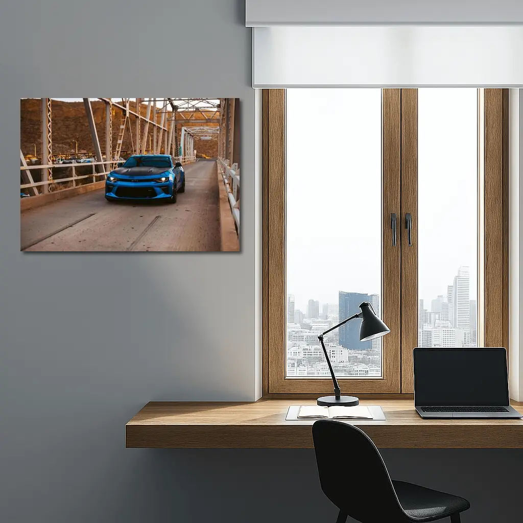 Blue Chevrolet Camaro on Steel Bridge – Wall Art