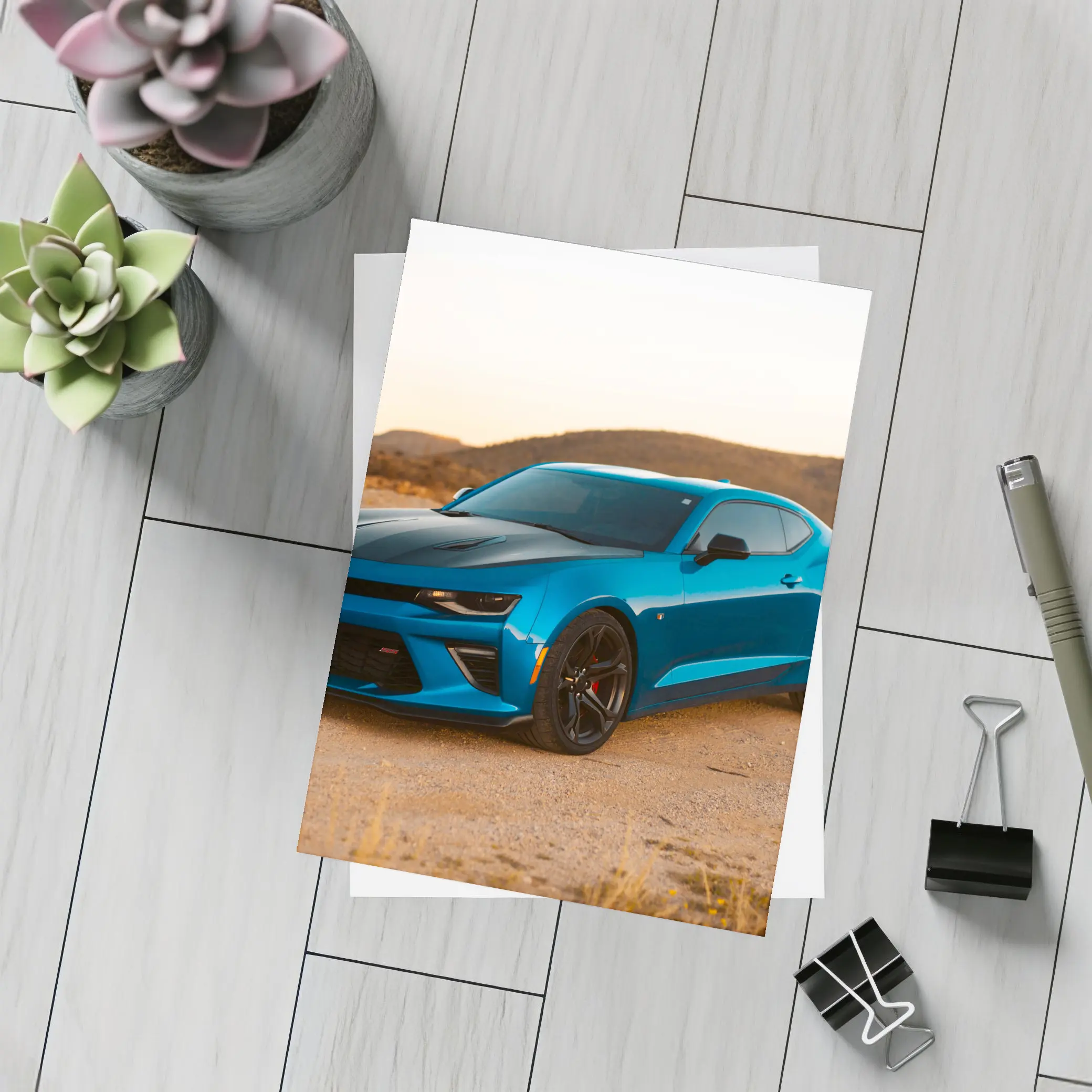 Chevrolet Camaro Blue Desert Sunset Scene – Postcards