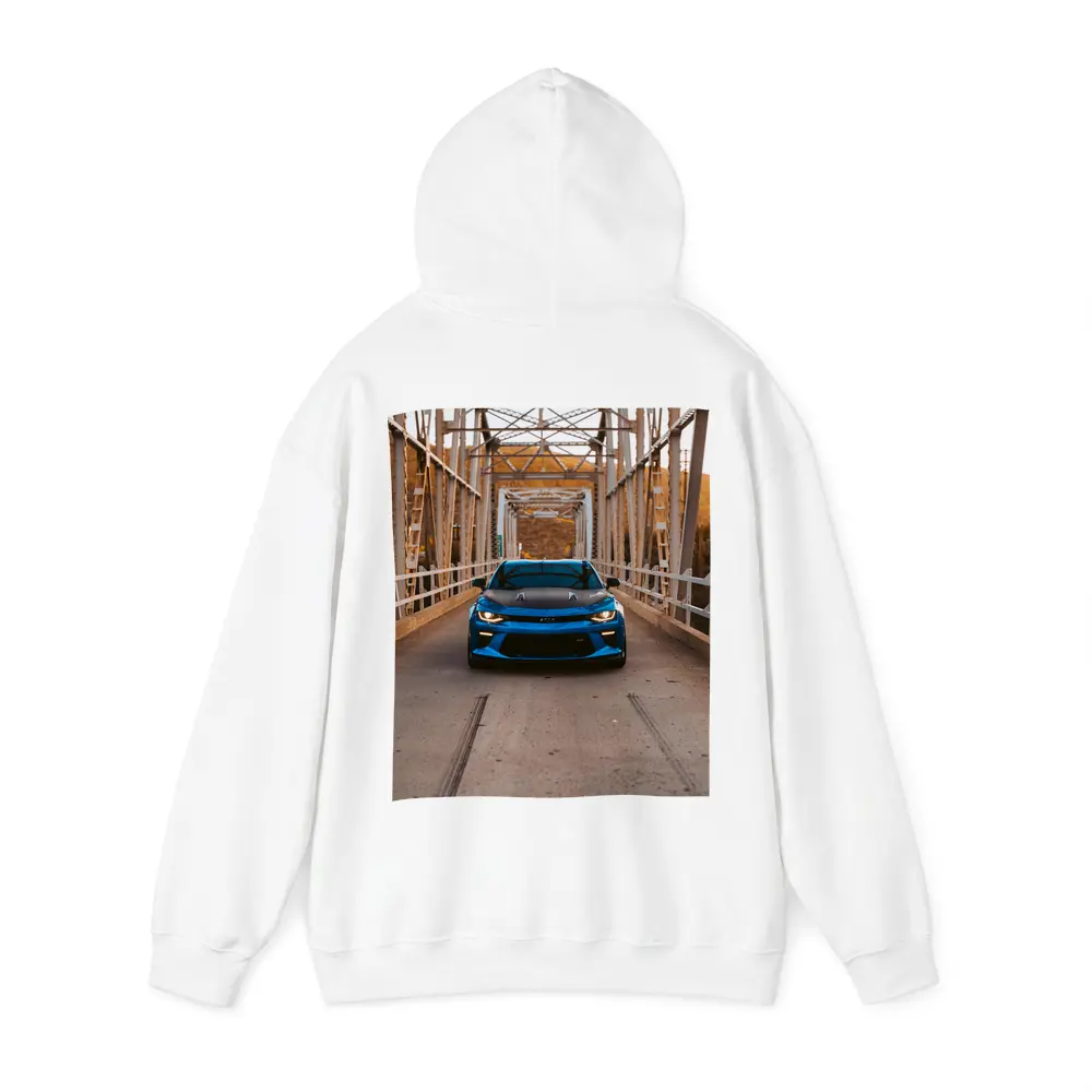 Chevrolet Camaro Blue on Steel Bridge – Hoodies
