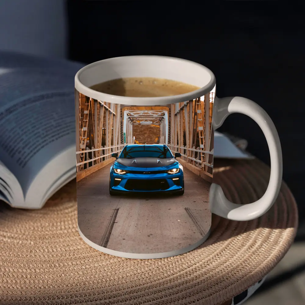 Chevrolet Camaro Blue on Steel Bridge – Mugs