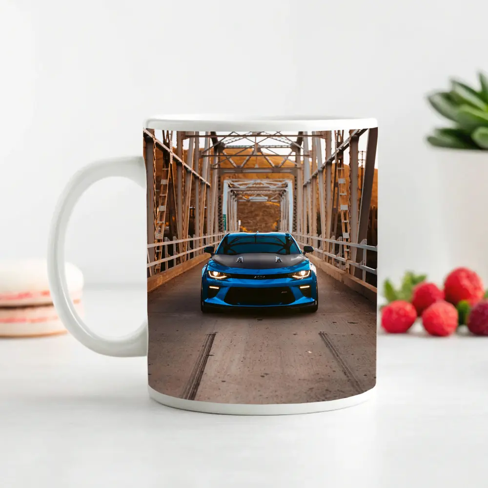 Chevrolet Camaro Blue on Steel Bridge – Mugs