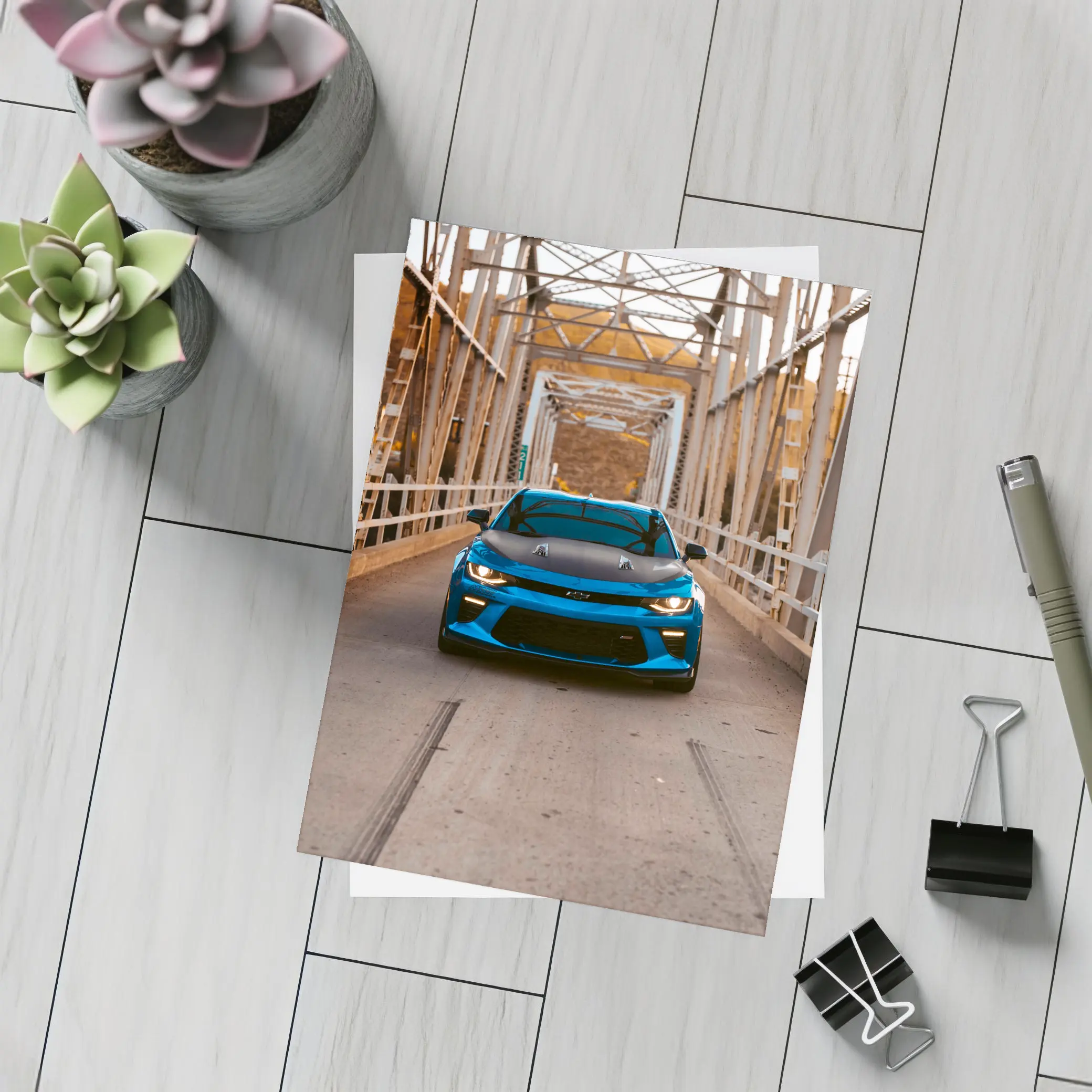 Chevrolet Camaro Blue on Steel Bridge – Postcards