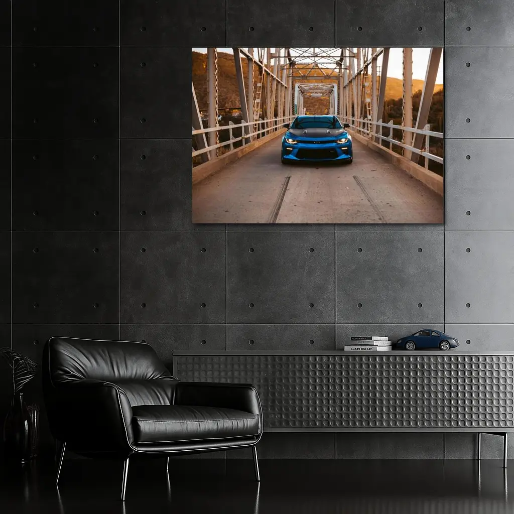 Chevrolet Camaro Blue on Steel Bridge – Wall Art
