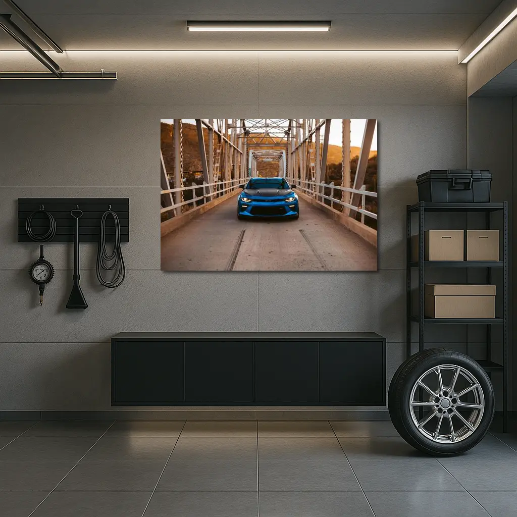 Chevrolet Camaro Blue on Steel Bridge – Wall Art