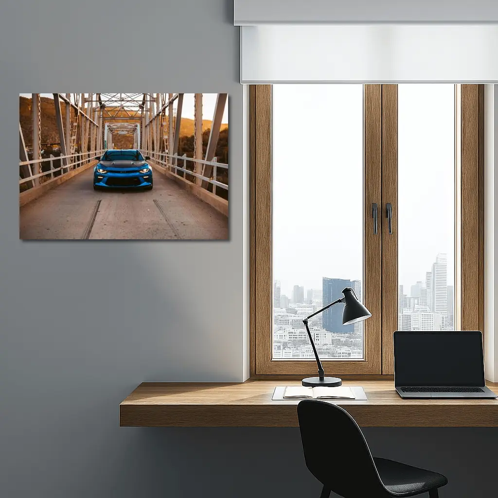 Chevrolet Camaro Blue on Steel Bridge – Wall Art