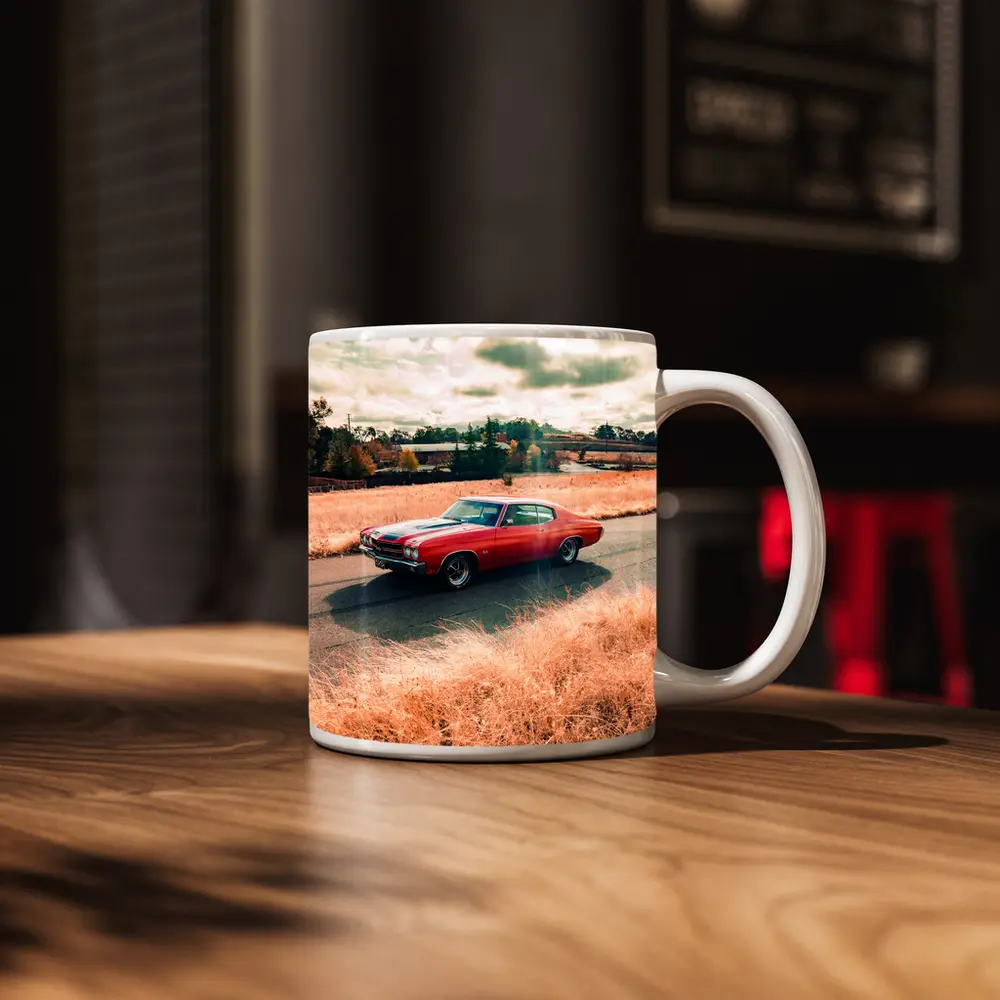 Chevrolet Chevelle Red Muscle Car Rural Road – Mugs