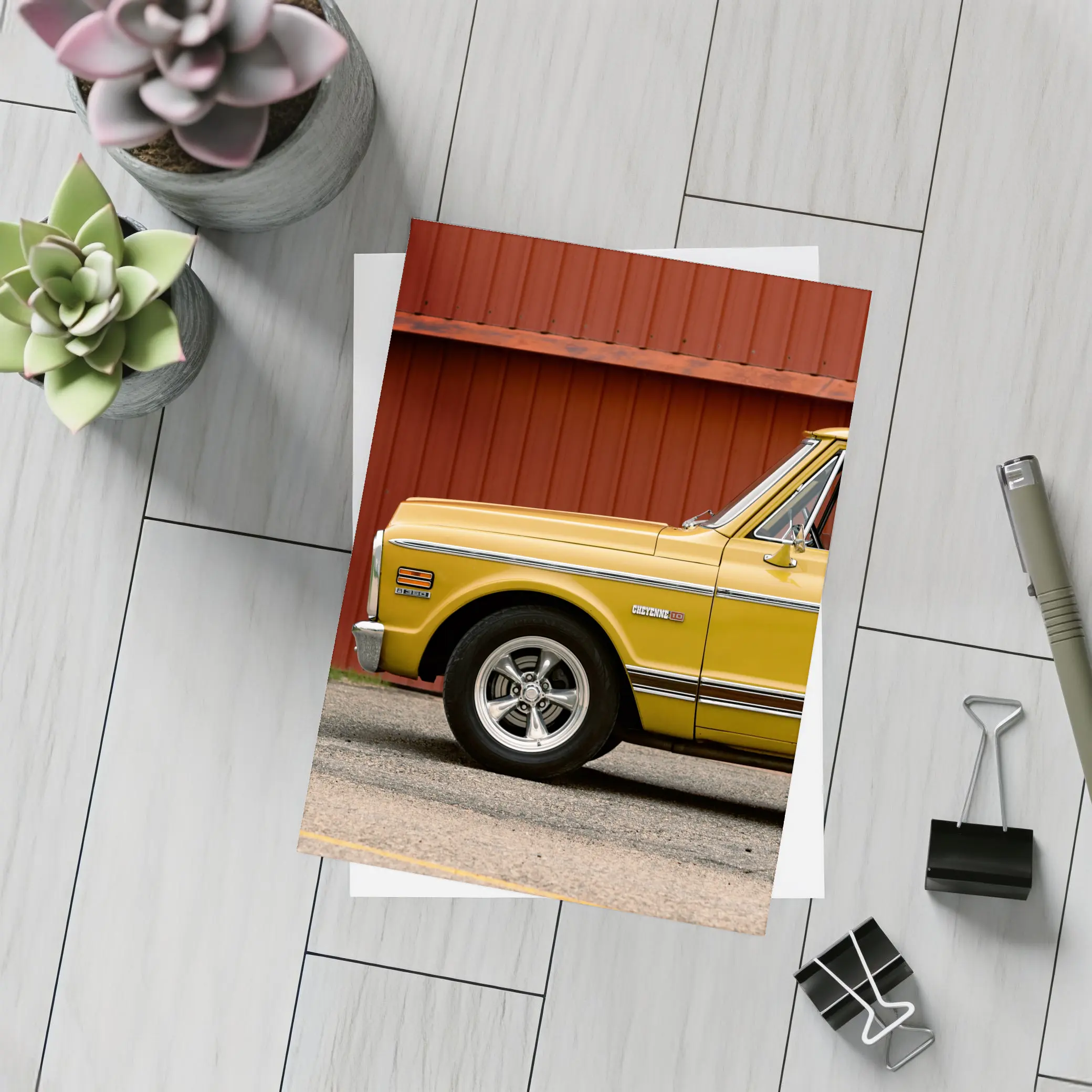 Chevrolet C10 Cheyenne Yellow Truck Red Barn – Postcards