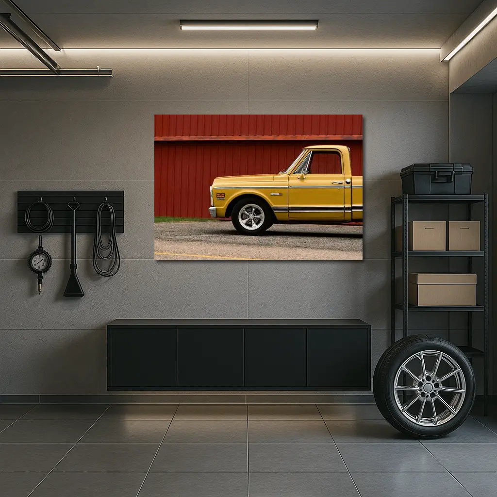 Chevrolet C10 Cheyenne Yellow Truck Red Barn – Wall Art