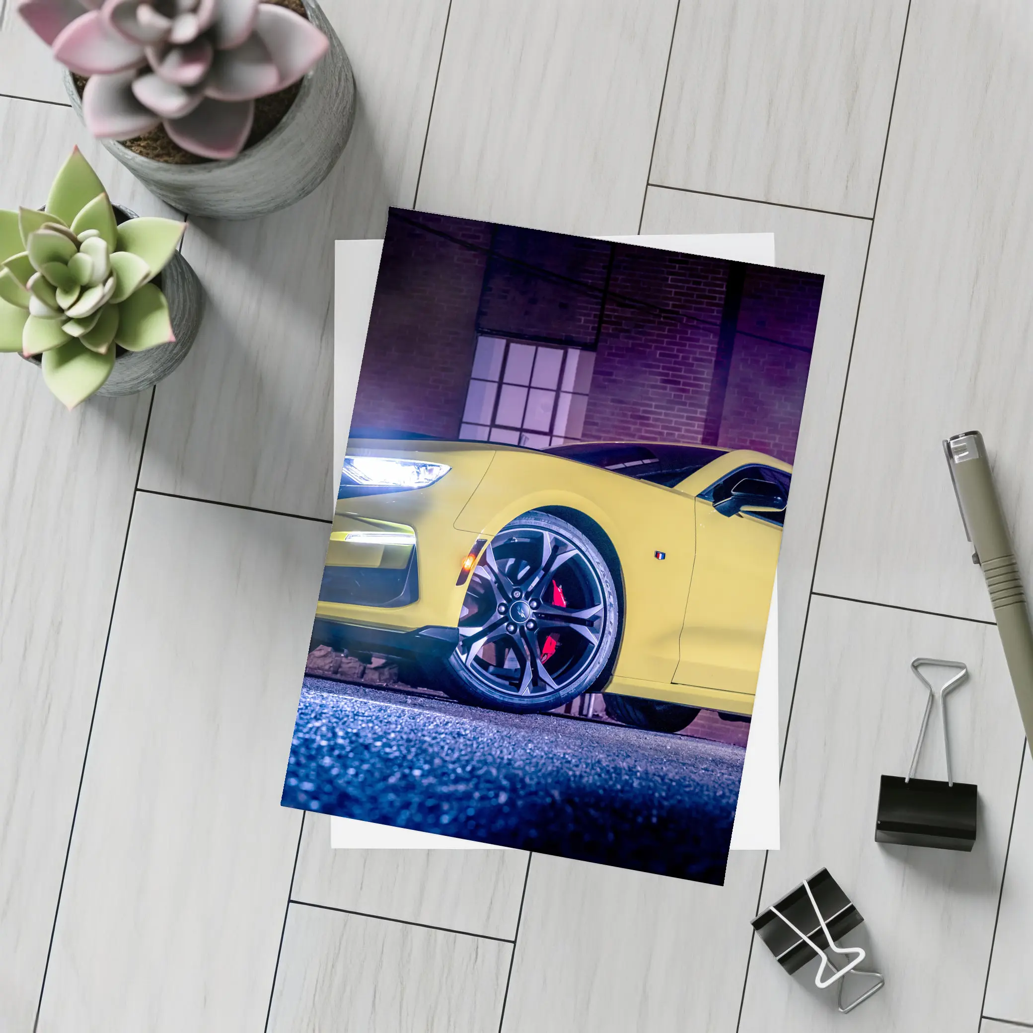 Chevrolet Camaro Yellow Night Urban Street – Postcards