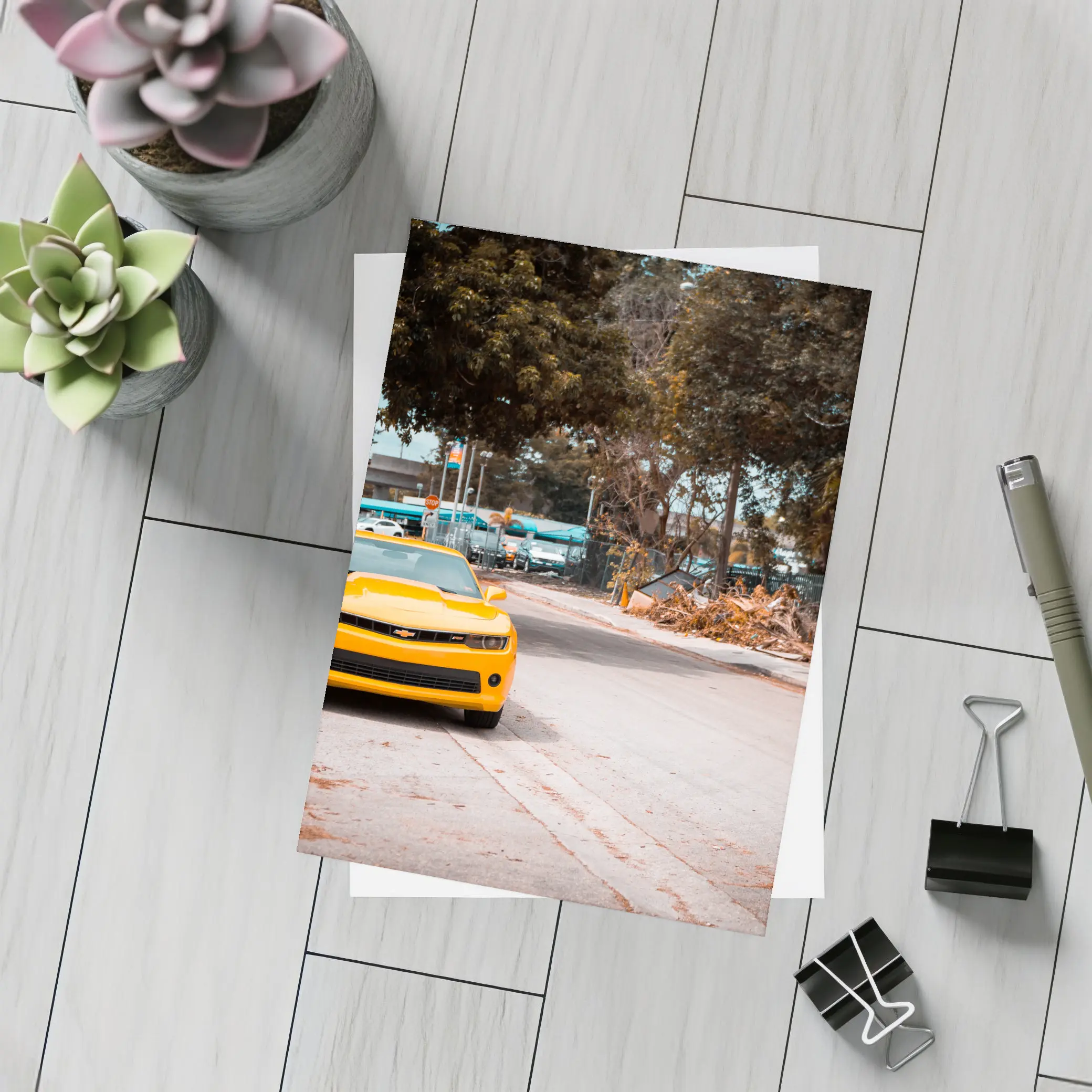 Yellow Chevrolet Camaro on Urban Street – Postcards