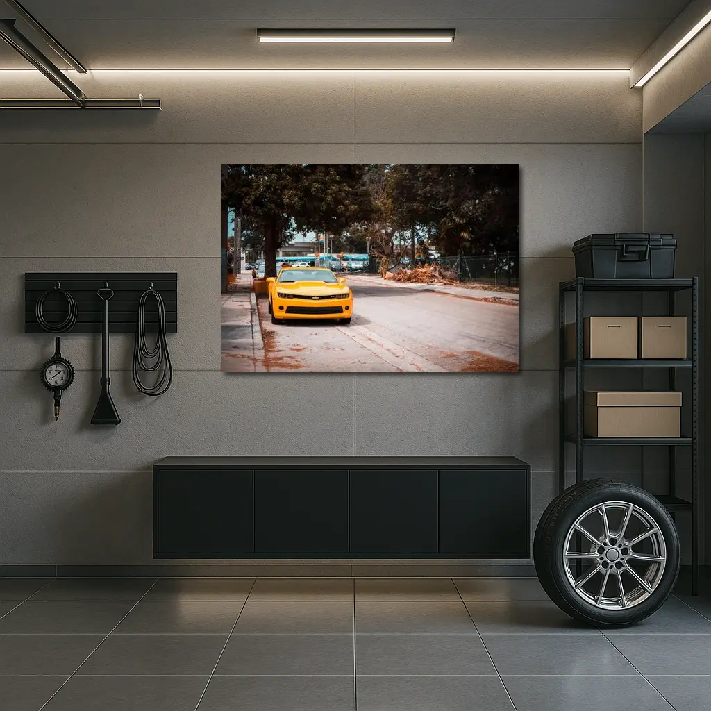 Yellow Chevrolet Camaro on Urban Street – Wall Art