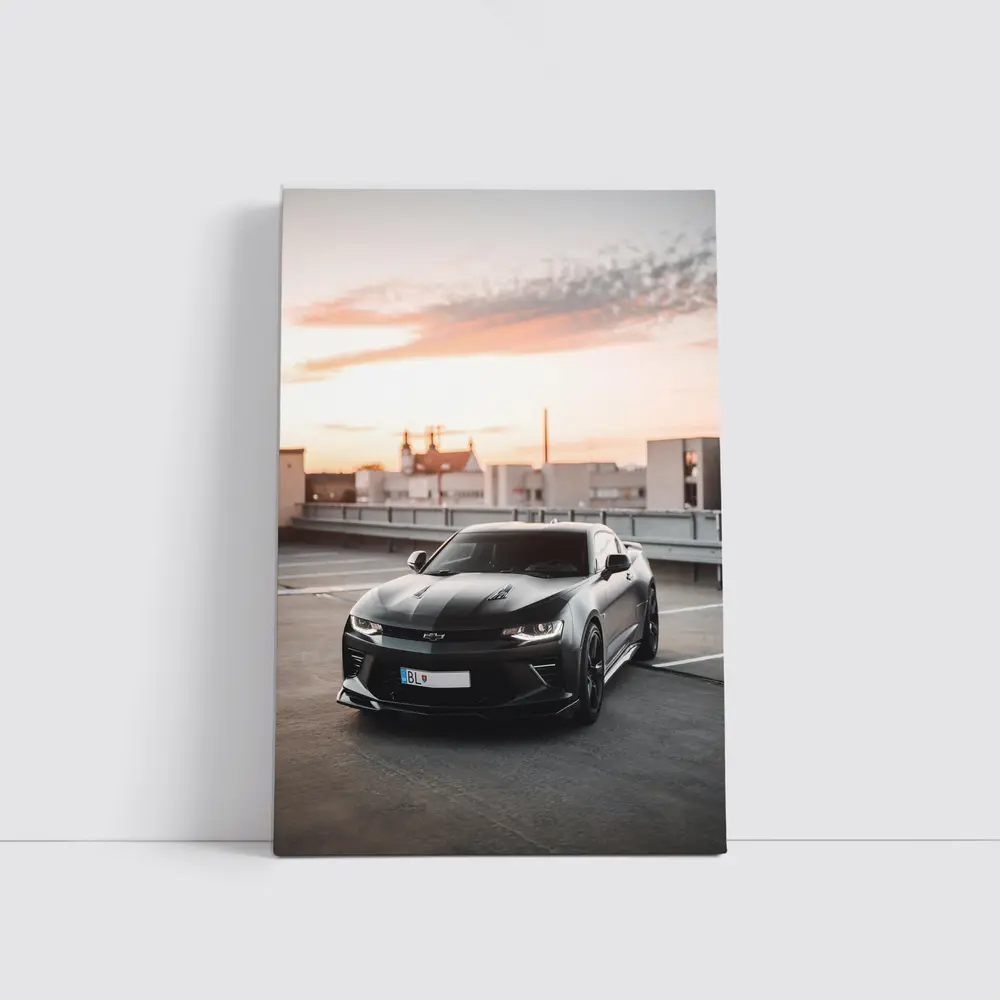 Black Chevrolet Camaro Rooftop Sunset Parking – Wall Art