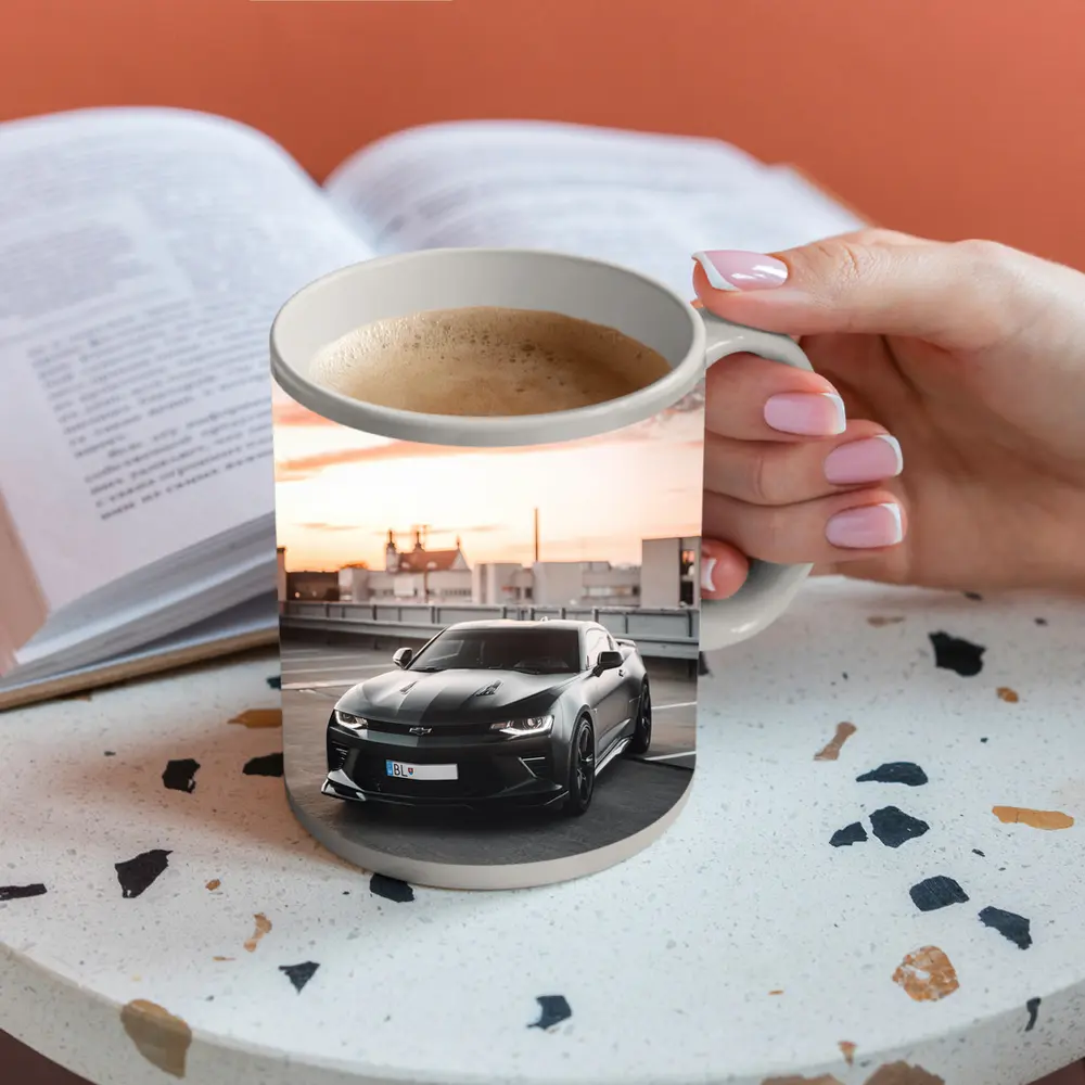 Black Chevrolet Camaro Rooftop Sunset Parking – Mugs