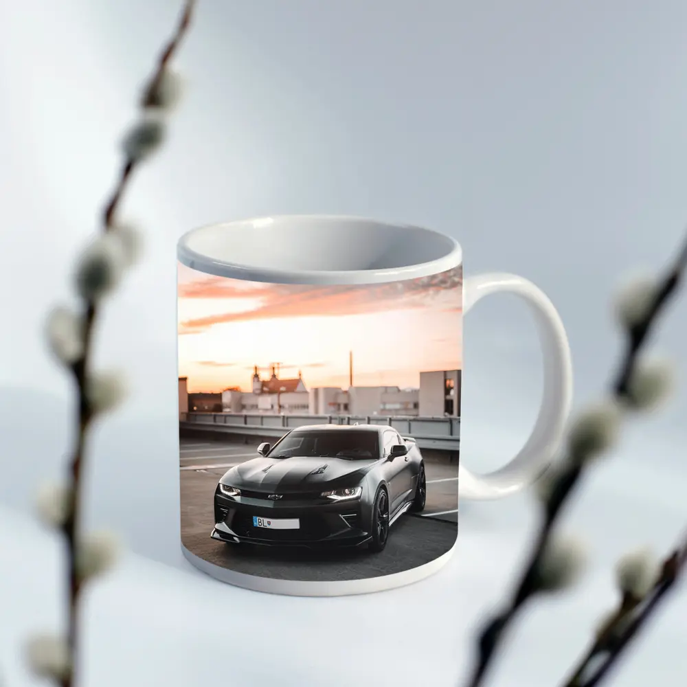 Black Chevrolet Camaro Rooftop Sunset Parking – Mugs