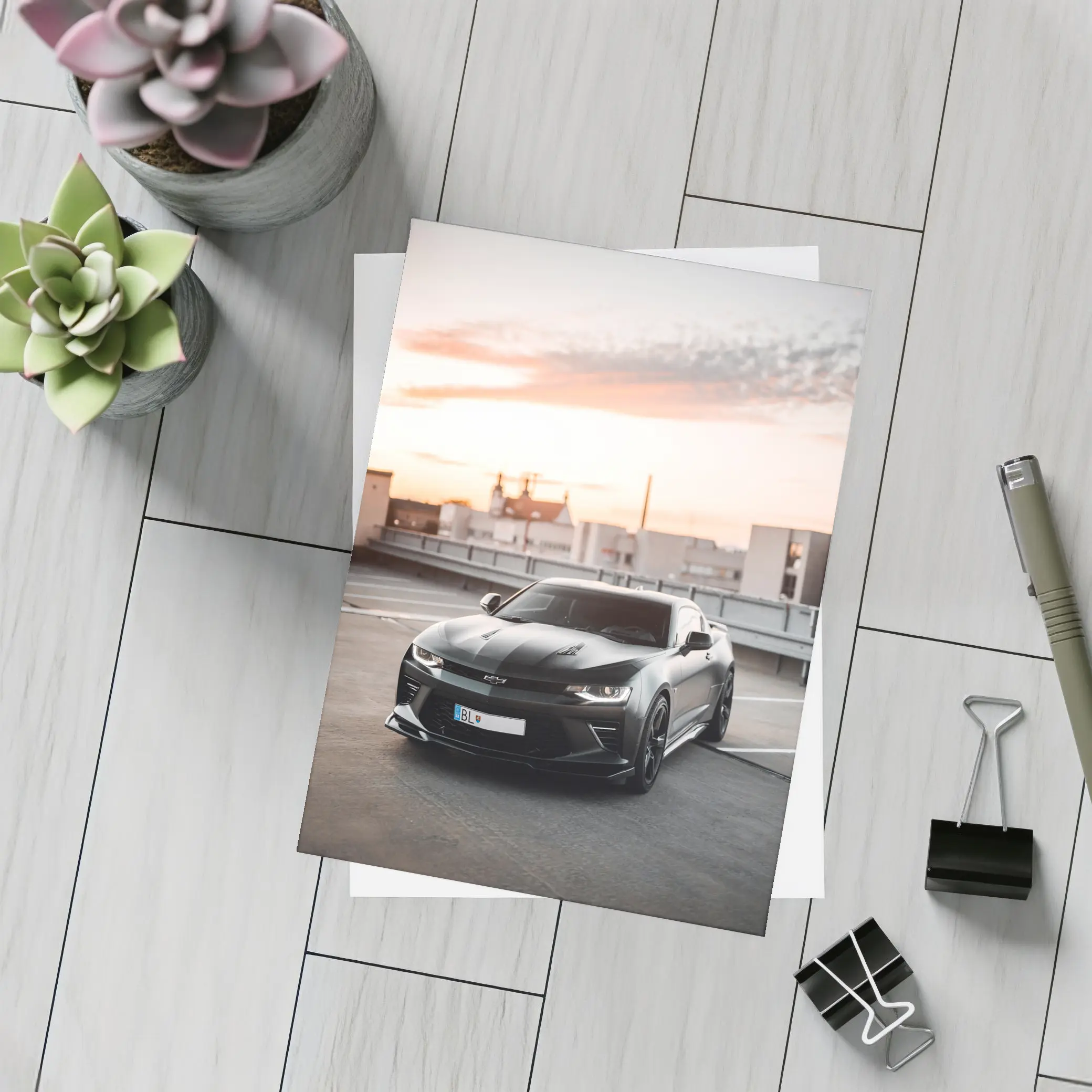 Black Chevrolet Camaro Rooftop Sunset Parking – Postcards