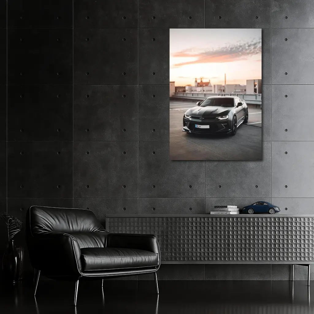 Black Chevrolet Camaro Rooftop Sunset Parking – Wall Art