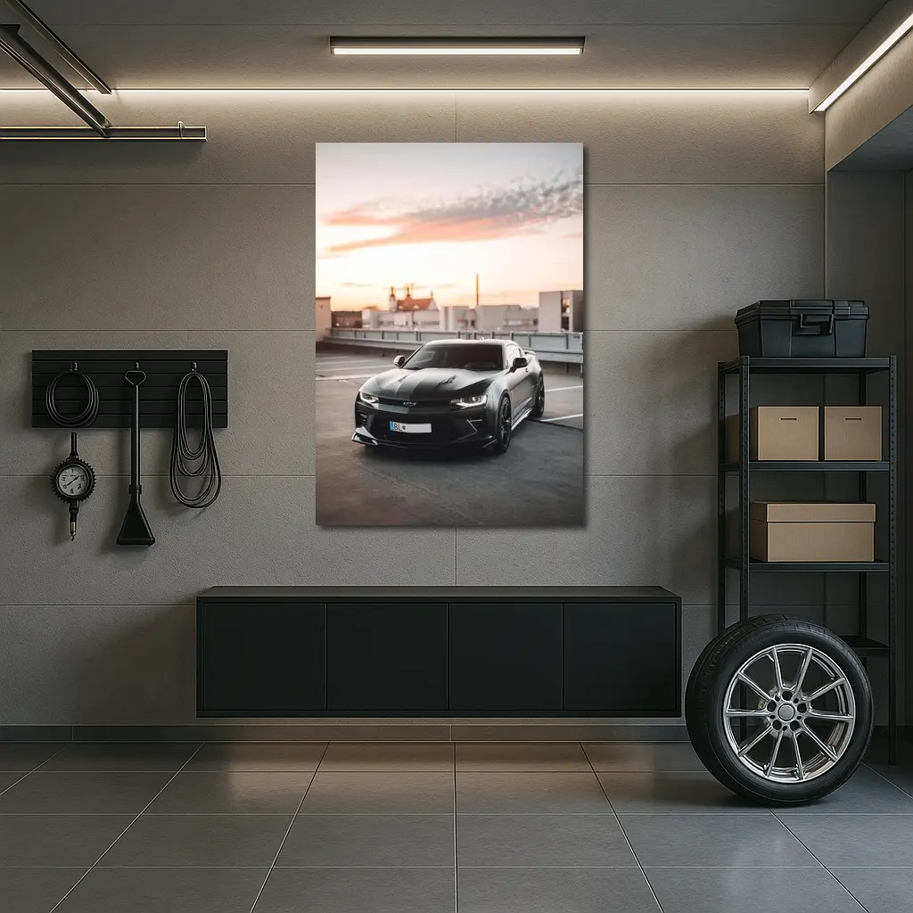 Black Chevrolet Camaro Rooftop Sunset Parking – Wall Art